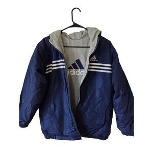Vintage Reversible Adidas YL Full Zip Bomber Jacket Hoodie Blue Embroidered